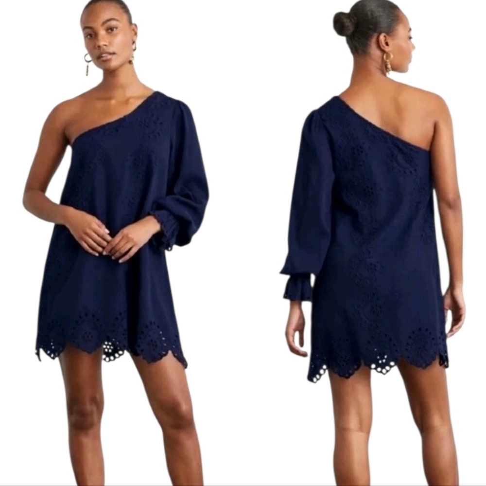 Hill House Navy Blue Mila Mini Dress Sz M One-Shoulder Eyelet Lace Linen Blend